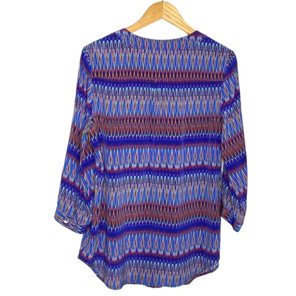 Ellie Kai Blue Orange Ikat Print Silk Blouse Top Women's Size 8 - Picture 7 of 9